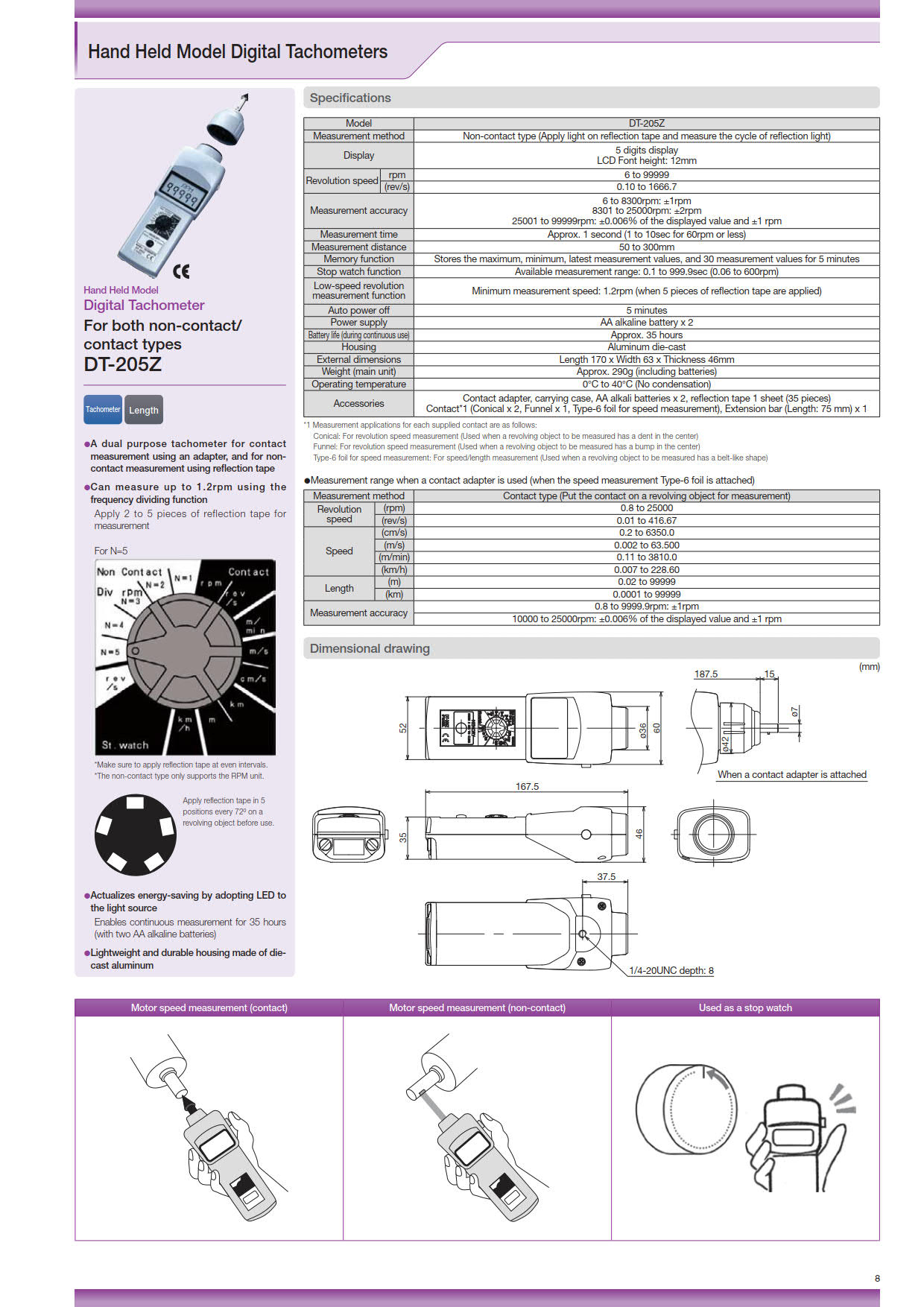 NidecShimpo รุ่นDT-205Zเครื่องวัดความเร็วรอบดิจิตัลแบบสัมผัสและไม่สัมผัสDigital Tachometer Non-contact&Contact type Meas.range:6~99,999RPM