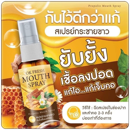สเปรย์กระชายขาว OK Fresh Mouth Spray สเปรย์พ่อคอโพรโพลิซ