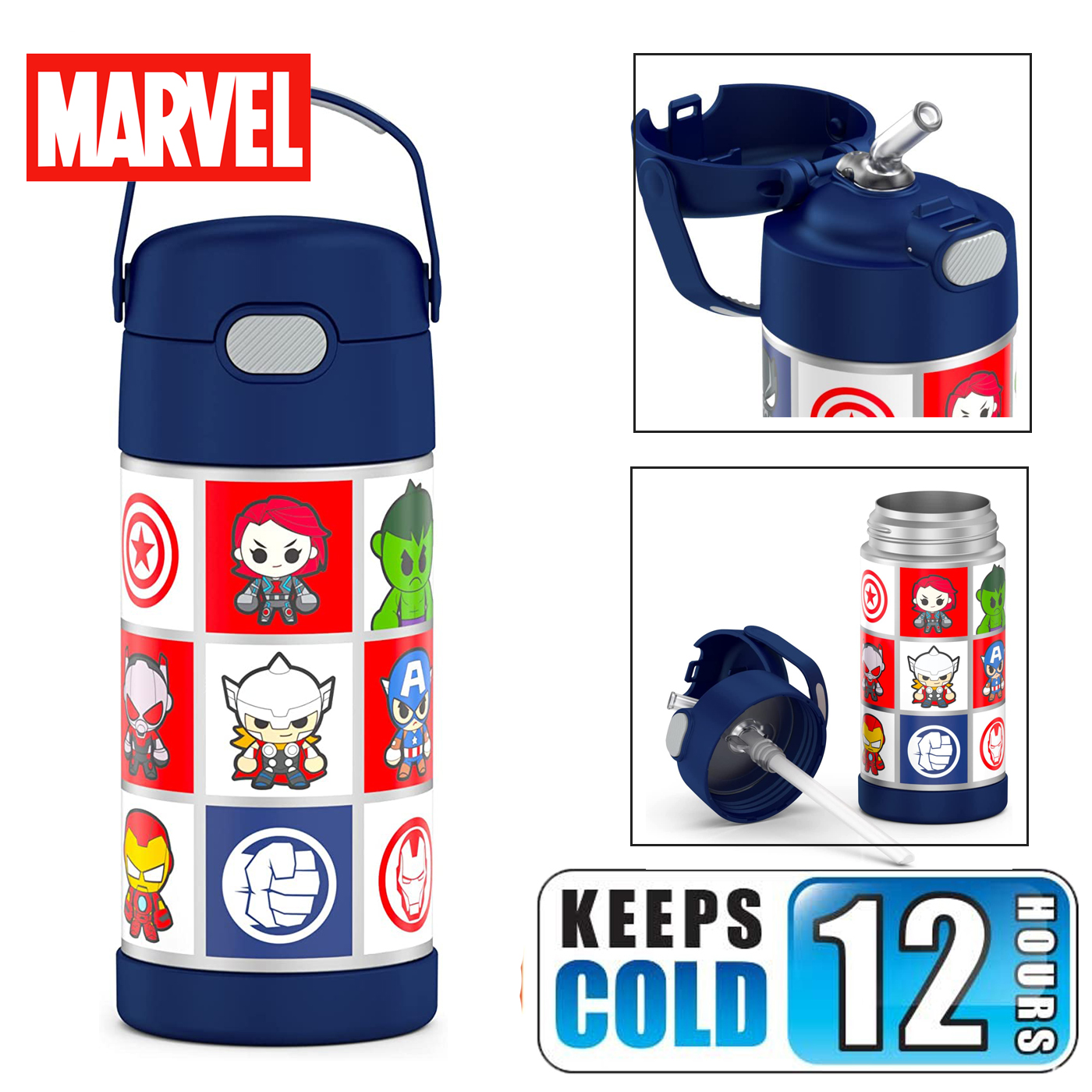 THERMOS FUNTAINER 12 Ounce Stainless Steel Vacuum Insulated Kids Straw Bottle, Avengers ราคา 950 - บาท
