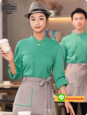 ชุดพนักงานร้านอาหารร้านกาแฟโรงแรมรีสอร์ต แขนยาว เหลือง แดง ส้ม เขียว ดำ L-6XL F6701001 เสื้อ+เปื้อนตัว *ไม่มีขั้นต่ำ