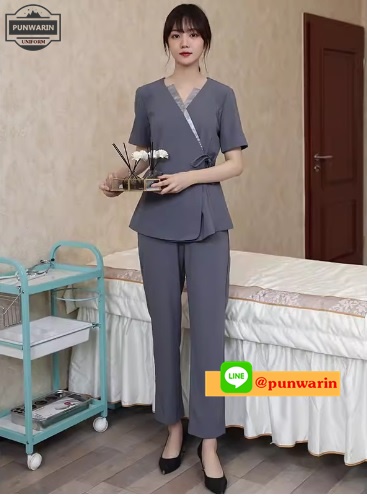 ชุดพนักงานนวดสปา ชุดพนักงานเสริมสวย ชุดทำงาน ชุดสูท แขนยาว เทา S-5XL S6701002 ชุด