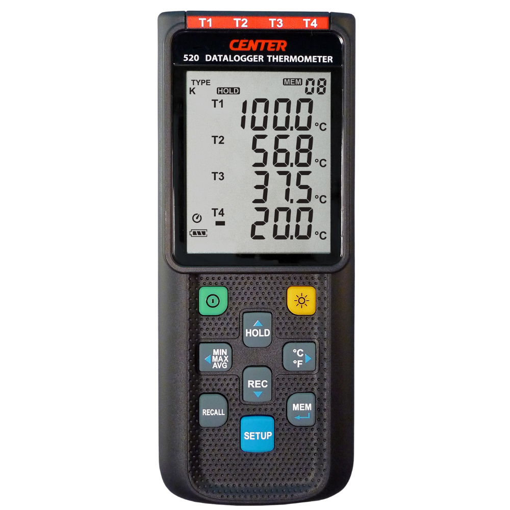 Center รุ่น CENTER-520 เครื่องบันทึกอุณหภูมิ 4 Channels,Four Channels Datalogger Thermometer (Type K, J, E, T),Meas.range:-200°C~1370°C