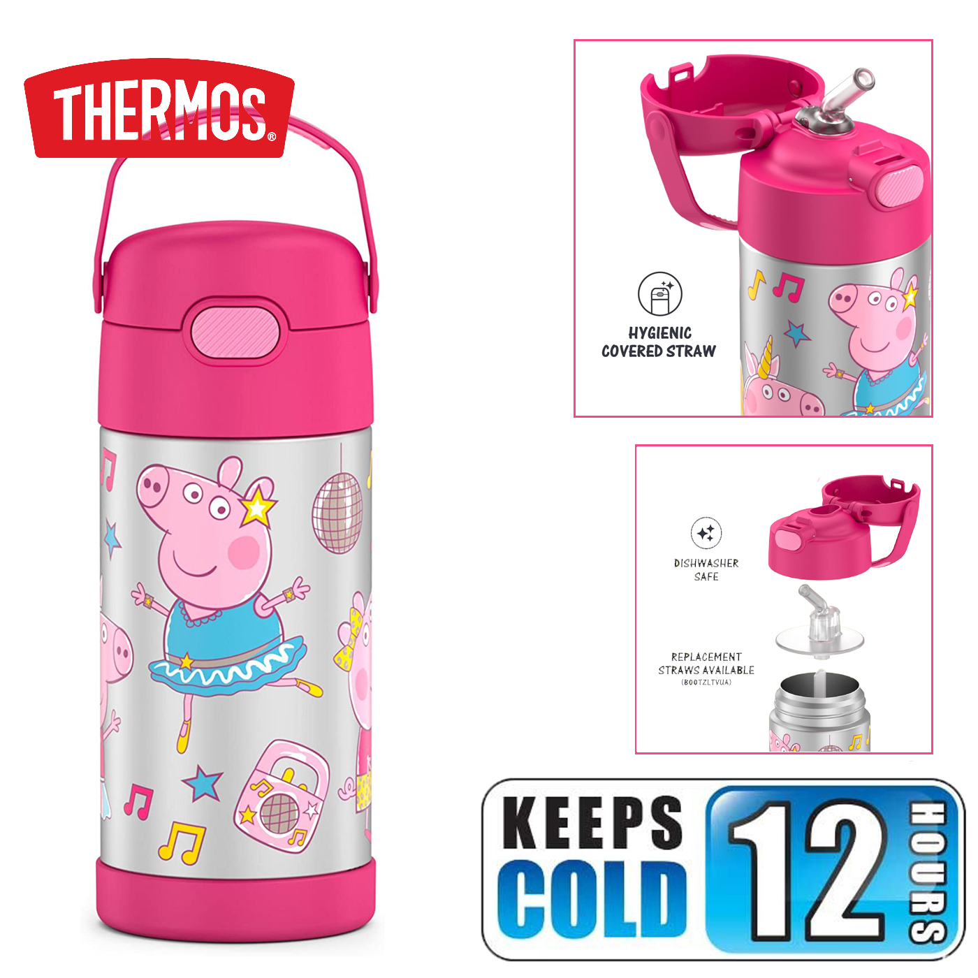 กระติกดูดน้ำแตนเลสหุ้มฉนวนสุญญากาศยี่ห้อ Thermos ของแท้ขนาด 12 ออนซ์ ลาย Peppa Pig ราคา 990 - บาท