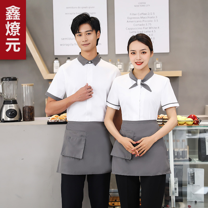 เสื้อฟอร์มพนักงานร้านอาหารกาแฟโรงแรม แขนสั้น ดำ แดง ฟ้า เทา L-3xl F6809003 เสื้อ+เปื้อน* ขั้นต่ำ 2 ตัว
