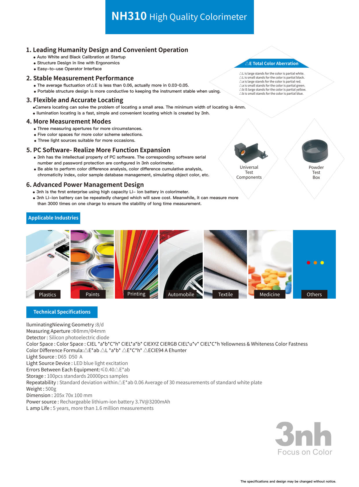 3nh รหัส NH-310 เครื่องวัดสีคุณภาพสูงขนาดพกพาสะดวก,High quality portable colorimeter,2-aperture:φ8mm,φ4mm,geometry:8/d