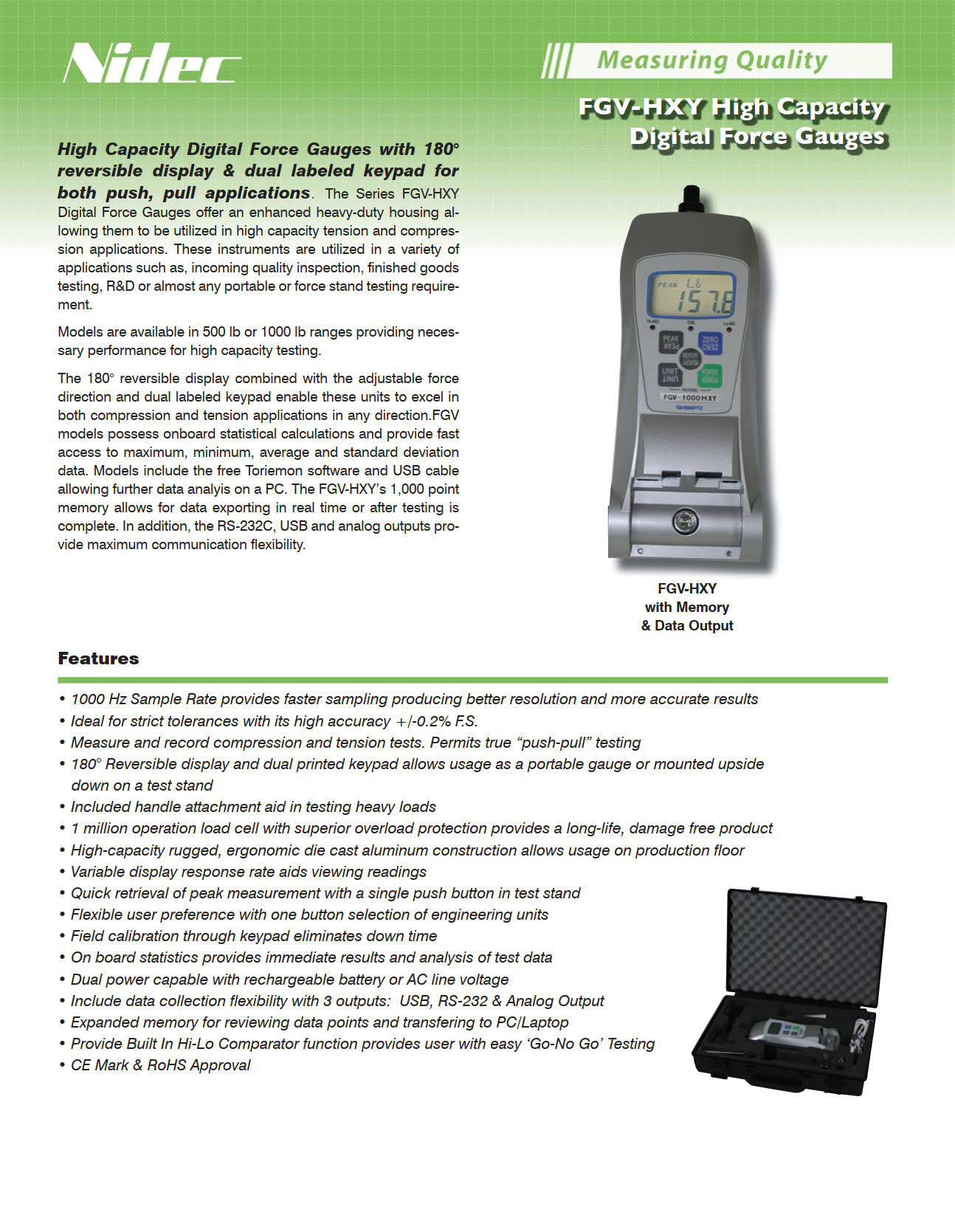 NidecShimpo รุ่นFGV-1000HXYเครื่องวัดแรงดึงแรงกดแบบดิจิตอลHigh Capacity Digital Force Gauge Capacity:1,000lb,453.6kg,4448N,Accuracy:±0.2%
