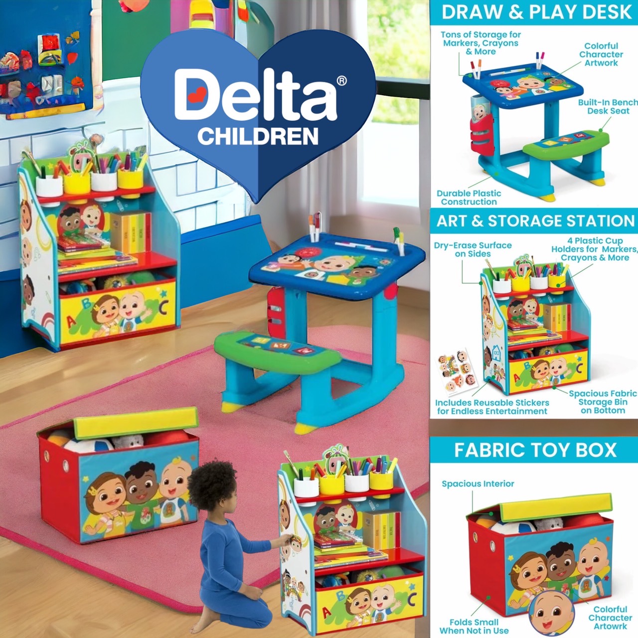 นำเข้า🇺🇸 โต๊ะศิลปะCoComelon 3-Piece Art & Play Toddler Room-in-a-Box by Delta Children - สีฟ้า , ราคา 5,490 บาท
