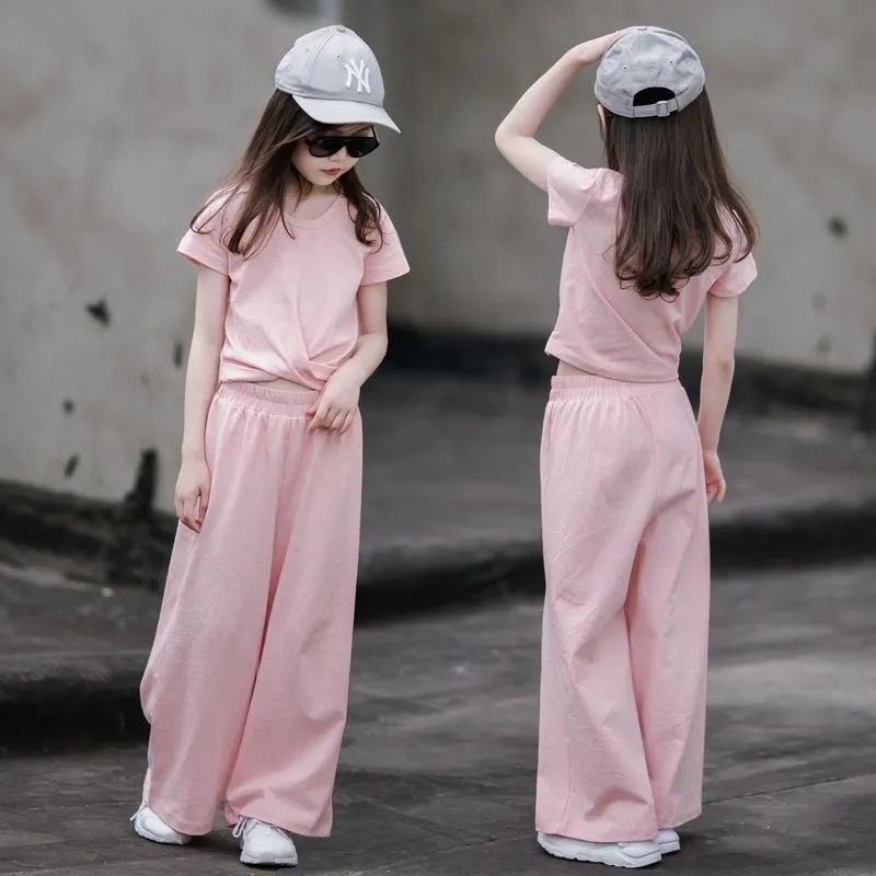 ชุดเซ็ตเสื้อครอป+กางเกงขายาวสีชมพู
