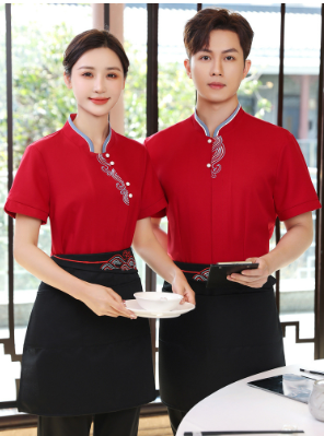 เสื้อฟอร์มพนักงานร้านอาหารกาแฟโรงแรม แขนสั้น แดง น้ำเงิน เขียว L-6XL F6705008 เสื้อ+กันเปื้อน ** ขั้นต่ำ 2 ตัว