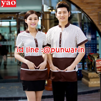 เครื่องแบบชุดฟอร์มพนักงานร้านอาหารกาแฟโรงแรม แขนสั้นผ้าฝ้ายกระดุมหน้า น้ำตาล แดง ม่วง L-3XL F5906001 เสื้อ+กันเปื้อน
