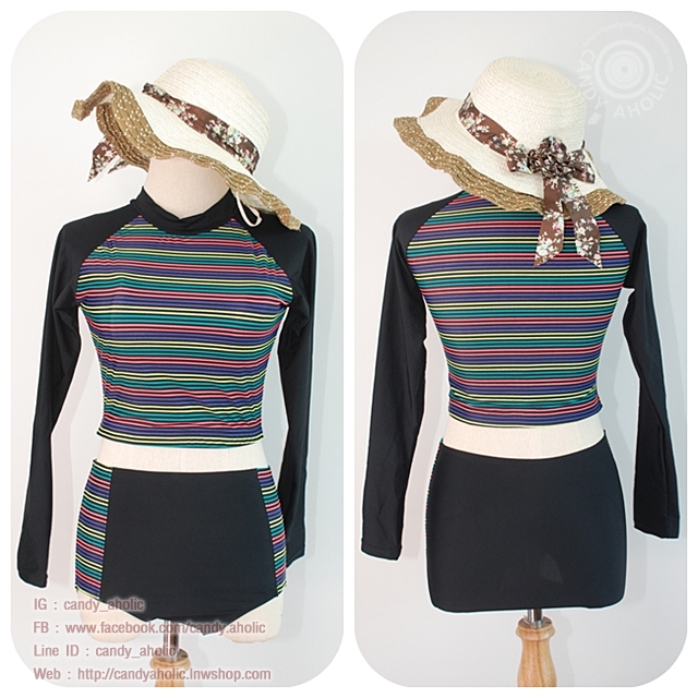 (free size) ชุดว่ายน้ำแขนยาว แขนสีดำลายขวางหลากสี คุณสมบัติกันแดดและUV