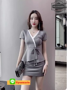 ชุดพนักงานนวดสปา ชุดพนักงานเสริมสวย ชุดทำงาน ชุดไนท์คลับ แช่เท้า เทา ฉโ. โฎ S-3XL S6701003 ชุด