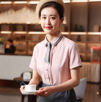เสื้อฟอร์มพนักงานร้านอาหารกาแฟโรงแรม แขนสั้น เขียว ชมพู เทา L-3XL F6705014 เสื้อ+กันเปื้อน ** ขั้นต่ำ 2 ตัว