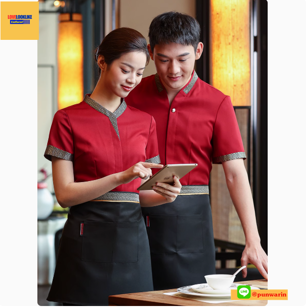 เสื้อพนักงานต้อนรับ เสื้อพนักงานเสริฟ เสื้อพนักงานโรงแรม เสื้อพนักงานร้านอาหาร เสื้อพนักงานซุปเปอร์มาร์เก็ต เสื้อพนักงานร้านกาแฟ แดง M-3XL F6804001 เสื้อ