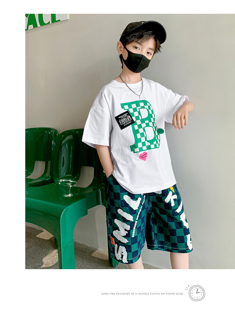 ชุดเซ็ตเด็กชาย เสื้อขาวลาย B+กางเกงยีนส์พิมพ์ลาย