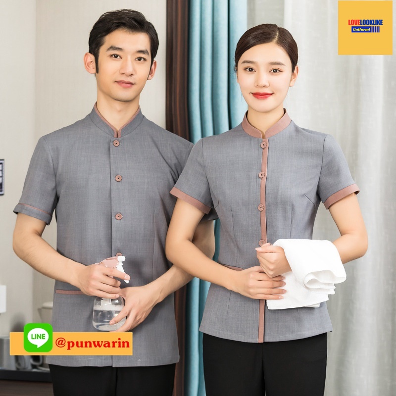 เสื้อพนักงานทำความสะอาด เสื้อแม่บ้าน เสื้อแม่บ้านโรงแรมรีสอร์ท เทา ฟ้า L-5XL D6509001 ตัว **2 ตัวขึ้นไป