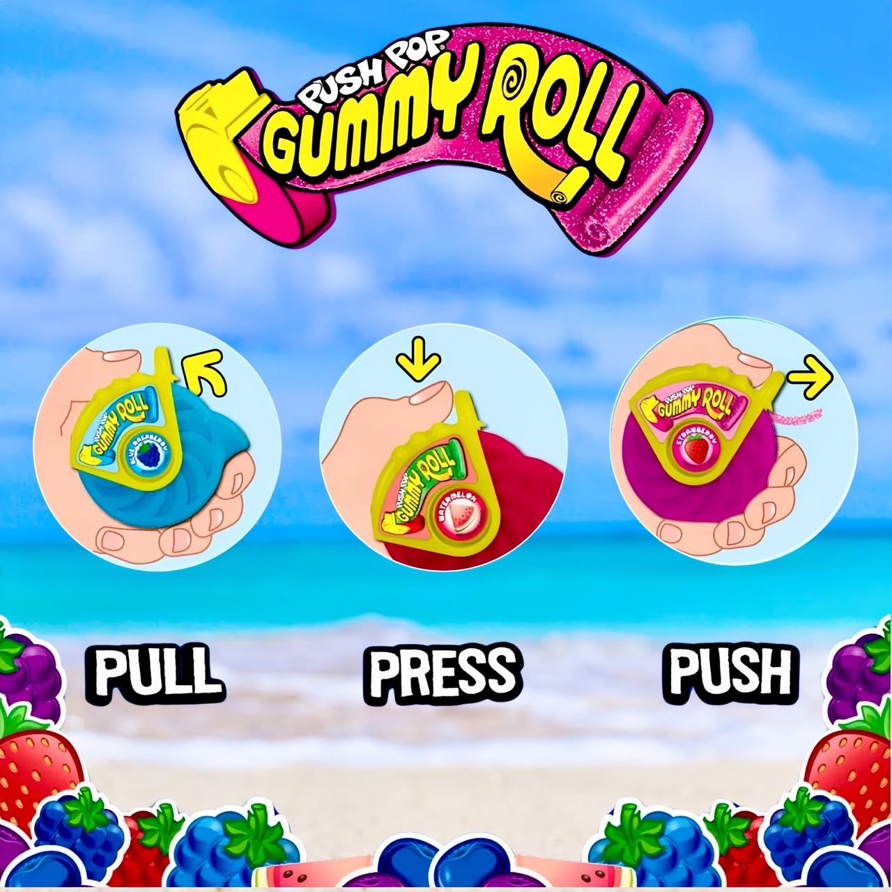 เยลลี่ยอดนิยมนำเข้า🇺🇸 Push Pop Gummy Roll Candy - เยลลี่ แคนดี้โรล 4 รสชาติ สตรอเบอร์รี่ บลูราสเบอร์รี่ แตงโม และทรอปิคอลเรนโบว์ ขนาดปกติ 1.4oz ราคา 1 ห่อ 320 บาท