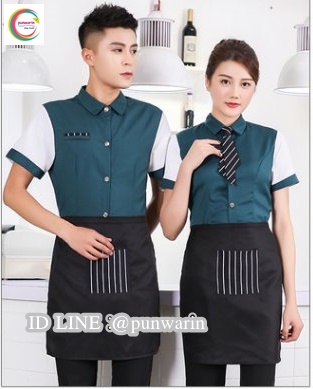 เสื้อฟอร์มพนักงานร้านอาหารกาแฟโรงแรม แขนสั้นผูกโบว์ไทด์ เขียว แดง ส้ม M,L,XL,XXL,3XL F6403001 เสื้อ+กันเปื้อน