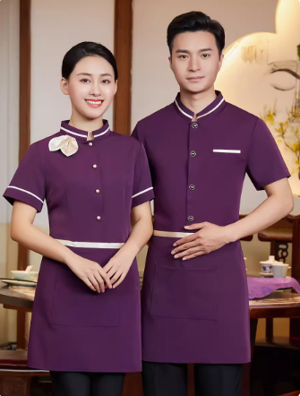 เสื้อฟอร์มพนักงานร้านอาหารกาแฟโรงแรม แขนสั้น แดง ดำ ม่วง L,XL,XXL,3XL F6705004 เสื้อ+กันเปื้อน ** ขั้นต่ำ 2 ตัว