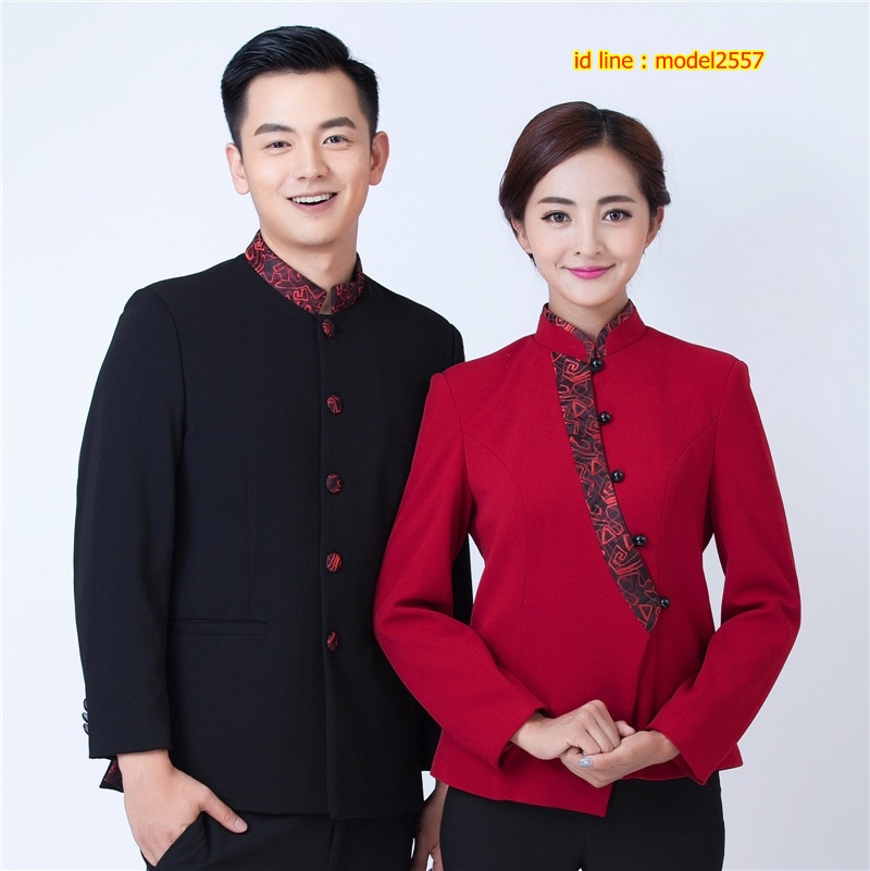 F6105015 เสื้อฟอร์มพนักงานต้อนรับ เสริฟร้านอาหารกาแฟโรงแรม แขนยาว ดำ แดง L,XL,XXL,3XL F6105015 ตัว