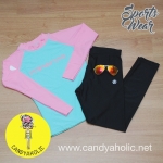 [Size S,M] ชุดว่ายน้ำ แขนยาว รุ่น Minerva (สีฟ้าแขนสีชมพู) และ กางเกง Legging ขายาว (สีดำ)