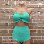 (Size Free size) ชุดว่ายน้ำทูพีช สม็อคทั้งตัว สีเขียวอ่อน ลายสก็อต กางเกงเอวสูง สม็อคทั้งตัว