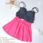 (XL) ชุดว่ายน้ำสีดำลายจุดขาวละเอียด ใส่แล้วดูไม่อ้วน ทรงบราจีบอกมีระบาย