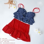 (XXL) ชุดว่ายน้ำลายดาว พื้นน้ำเงินกรมท่า ดาวขาว ช่วยพรางหุ่น ทรงจีบอก สายผูก สองสีให้เลือก