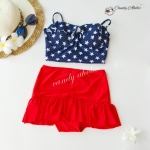 (free size) ชุดว่ายน้ำ ทูพีช บราแบบใหม่มาพร้อมโครงเหล็กช่วยให้กระชับและดันทรง สีน้ำเงินกรม ลายดาว ชุดว่ายน้ำ-corset07