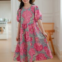 ชุดเดรสกระโปรงเด็กโตลายดอกไม้สีชมพู ไซส์ 130