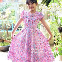 ชุดเดรสเด็กยาวสไตล์วินเทจลายผีเสื้อสีชมพู ไซส์ XL