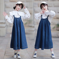 ชุดเซ็ตเสื้อเชิ้ตแขนยาวลายหมี+เอี๊ยมกระโปรงยีนส์ ไซส์ 130