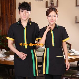เสื้อพนักงานต้อนรับ เสื้อพนักงานเสริฟ เสื้อพนักงานโรงแรม เสื้อพนักงานร้านอาหาร ดำ แดง L-3XL F6307009 เสื้อ+ ผ้ากันเปื้อนตามรูป