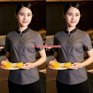 เสื้อพนักงานต้อนรับพนักงานเสริฟเสื้อพนักงานโรงแรมนรีสอร์ทเสื้อเชิ้ตลายทางแขนสั้น สีเทา S-4XL F6307002 เสื้อ+เปื้อน
