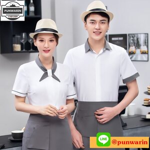 เสื้อพนักงานต้อนรับพนักงานเสริฟเสื้อพนักงานโรงแรมนรีสอร์ท ดำ แดง ขาว L-4XL F6507001 เสื้อ+เปื้อน