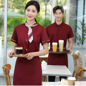 เสื้อฟอร์มพนักงานร้านอาหารกาแฟโรงแรม แขนสั้น แดง เทา ดำ L-5XL F6705006 เสื้อ+กันเปื้อน ** ขั้นต่ำ 2 ตัว