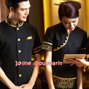 เครื่องแบบชุดฟอร์มพนักงานร้านอาหารกาแฟโรงแรม แขนสั้นผ้าฝ้ายคอจีน ดำ S-2XL F6008003 ตัว