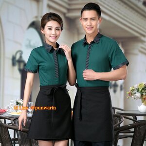 เสื้อพนักงานต้อนรับพนักงานเสริฟเสื้อพนักงานโรงแรมนรีสอร์ทเสื้อเชิ๊ตคอปกแขนสั้น ขาว ดำ แดง เขียว M-3XL F6308003 เสื้อ+เปื้อน