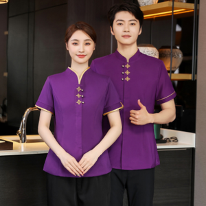 เสื้อฟอร์มพนักงานร้านอาหารกาแฟโรงแรม แขนสั้น แดง ดำ ม่วง L-4XL F6705013 เสื้อ+กันเปื้อน ** ขั้นต่ำ 2 ตัว