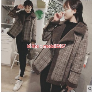 CW6107003 เสื้อโค้ทลายสก็อตสีน้ำตาลแต่งขนสัตว์อบอุ่นมาก (พรีออเดอร์) น้ำตาลเข้ม XS S M L XL XXL CW6107003 ตัว