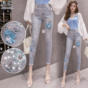 กางเกงยีนส์เกาหลีรุ่นใหม่เอวสูงปักลูกปัดเข้ารูป สีภาพ S-2XL JW6308006 ตัว