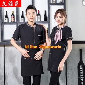 เสื้อฟอร์มพนักงานเครื่องแบบชุดฟอร์มพนักงานร้านอาหารกาแฟโรงแรม แขนสั้นผ้าฝ้ายกระดุมหน้า แดง ดำ ม่วง L-3XL F6211008 เสื้อ+ผ้ากันเปื้อน