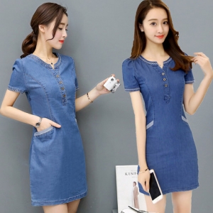 DW6005012 เดรสยีนส์กระโปรงสั้นคอจีนงานเกาหลี (พร้อมส่ง) M L ฟ้า M L DW6005012 ตัว