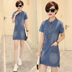 เดรสยีนส์กระโปรงสั้นคอวีแขนสั้นงานเกาหลี ยีนส์ M XL DW6005014 ชุด