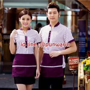 เครื่องแบบชุดฟอร์มพนักงานร้านอาหารกาแฟโรงแรม แขนสั้นผ้าฝ้ายกระดุมหน้า น้ำตาล แดง ม่วง L-3XL F5906001 เสื้อ+กันเปื้อน