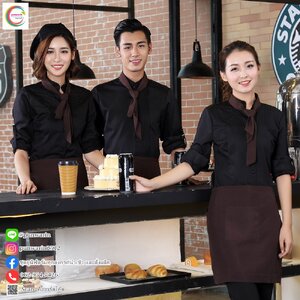 เสื้อฟอร์มพนักงานร้านอาหารกาแฟโรงแรม แขนสั้น และแขนยาว แดง เขียว ดำ M,L,XL,XXL,3XL,4XL F6405008 เสื้อ+เปื้อน+โบว์ไทด์