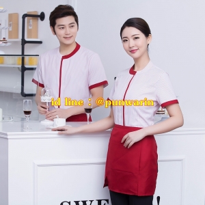 เสื้อฟอร์มพนักงานเครื่องแบบชุดฟอร์มพนักงานร้านอาหารกาแฟโรงแรม แขนสั้นผ้าฝ้ายกระดุมหน้า แดง น้ำตาล ม่วง L-3XL F6211013 เสื้อ+ผ้ากันเปื้อน