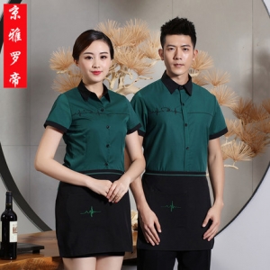 F6206002 เครื่องแบบชุดฟอร์มพนักงานร้านอาหารกาแฟโรงแรม แขนสั้นผ้าฝ้ายกระดุมหน้า ดำ ม่วง เขียว L-3XL F6206002 เสื้อ+ผ้ากันเปื้อน