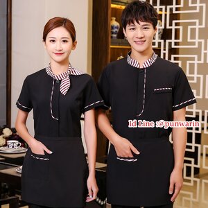 เสื้อพนักงานต้อนรับพนักงานเสริฟเสื้อพนักงานโรงแรมนรีสอร์ทเสื้อเชิ๊ตคอปกแขนสั้น ดำ แดง ม่วง M-3XL F6308004 เสื้อ+เปื้อน