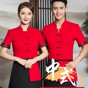 F6203006 เสื้อพนักงานต้อนรับ เสื้อพนักงานเสริฟ เสื้อพนักงานโรงแรม เสื้อพนักงานร้านอาหาร ดำ แดง L-3XL F6203006 เสื้อ+ ผ้ากันเปื้อนตามรูป